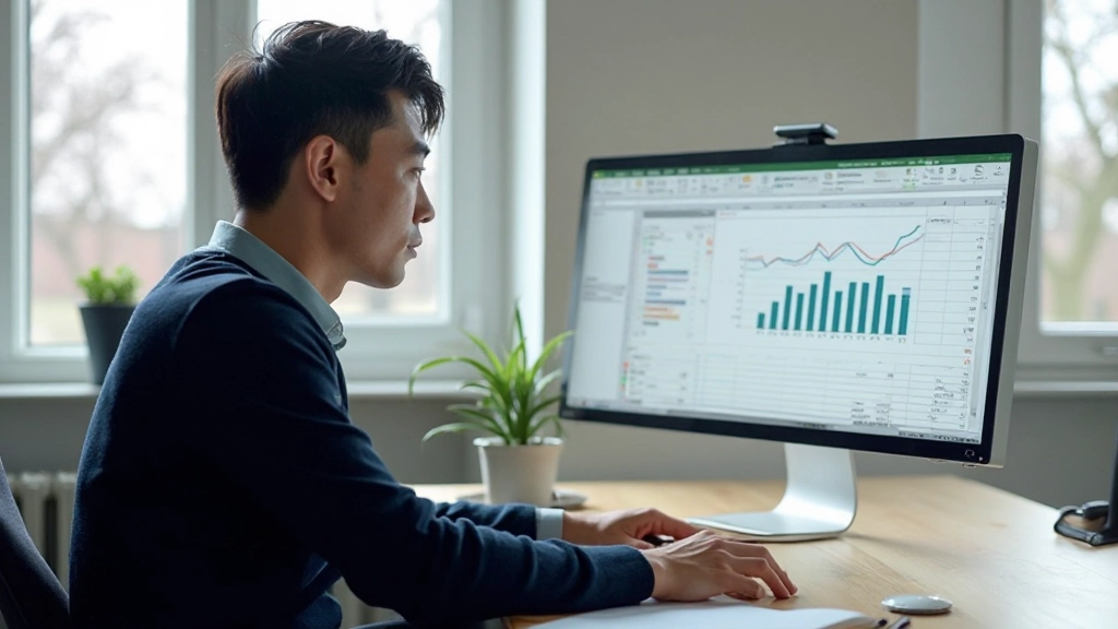 Man aan bureau die gericht naar computermonitor kijkt met Excel spreadsheet geopend