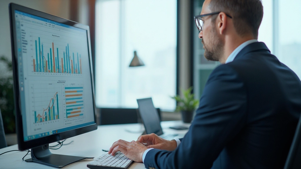 Zakenman analyseren gegevensrapporten met meerdere grafieken en metreken op het scherm