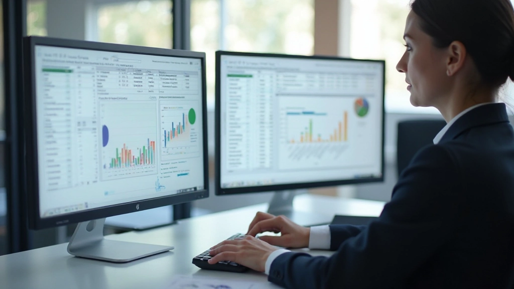 Professioneel kantoor met Excel spreadsheets op meerdere monitors met grafieken en gegevensanalyse