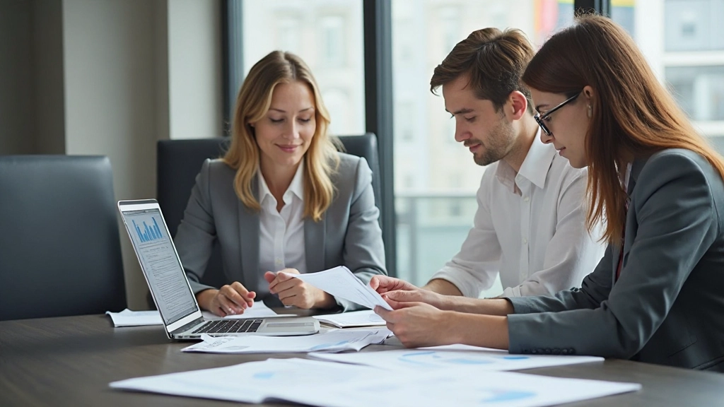 Business professionals analyzing financial reports with Excel